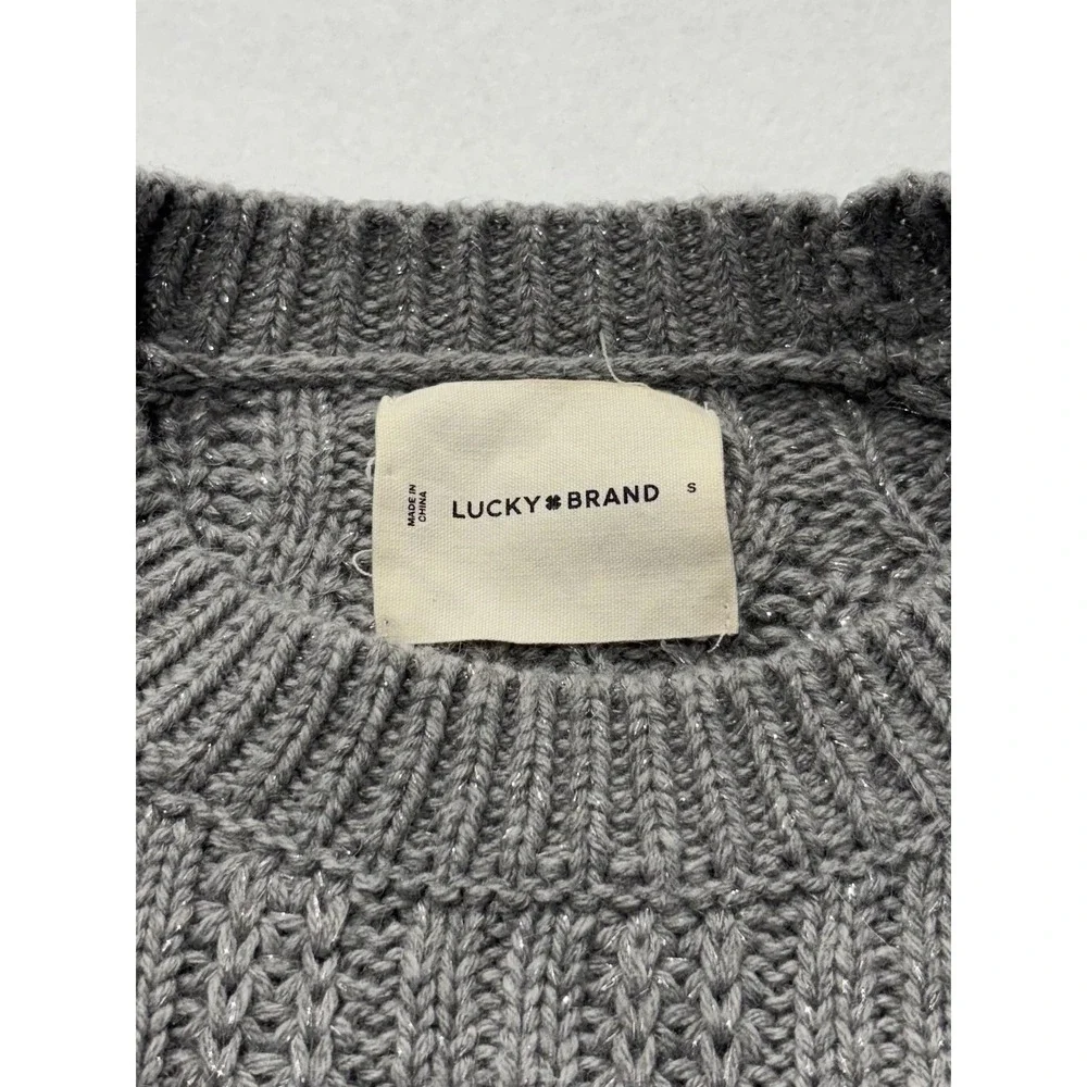 Lucky Brand Sweater Womens Small Gray Open Knit Crew Neck Raglan Glitter Alpaca - Picture 3 of 13